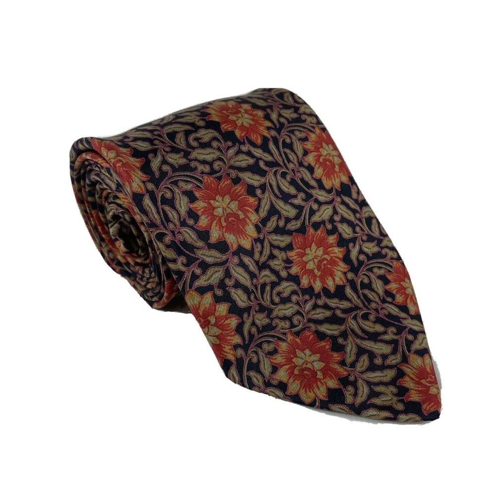 Fendi Floral Pure Silk Mens Tie 3.5 in Width Navy Orange Made in Italy